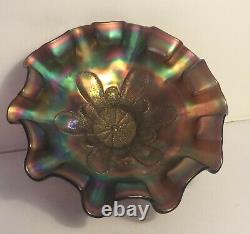 Antique Amethyst Carnival Glass Dugan Stippled Petals Footed Bowl