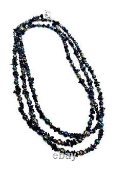 Antique Art Deco Mermaid Black Carnival Glass Iridescent Flapper Necklace 60