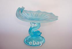 Antique Blue Opalescent Glass Dolphin Fish Compote Candy Dish