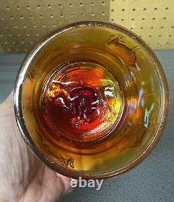 Antique Carnival Glass/Amberina Cow Butter Mold Iridescent Orange/Red Wood Handl