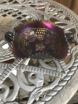 Antique Carnival Glass Bon Bon Bowl with Two Handles Iridescent Purple Electric