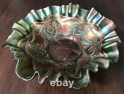 Antique Carnival Glass Bowl Hearts and Vines Green Iridescent 8 1/2 D