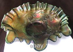 Antique Carnival Glass Bowl Hearts and Vines Green Iridescent 8 1/2 D