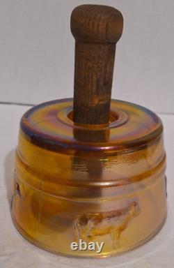 Antique Carnival Glass Butter Mold Press Wood Handle Iridescent Amber Cow Stamp