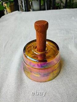 Antique Carnival Glass Butter Mold Press Wood Handle Iridescent Amber Cow Stamp