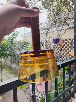 Antique Carnival Glass Butter Mold Press Wood Handle Iridescent Amber Cow Stamp