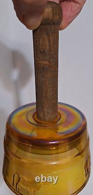 Antique Carnival Glass Butter Mold Press Wood Handle Iridescent Amber Cow Stamp