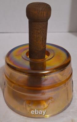 Antique Carnival Glass Butter Mold Press Wood Handle Iridescent Amber Cow Stamp