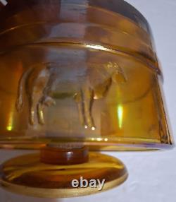 Antique Carnival Glass Butter Mold Press Wood Handle Iridescent Amber Cow Stamp