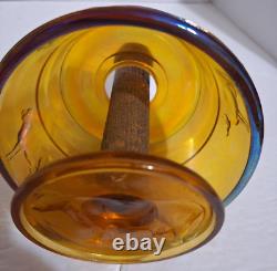 Antique Carnival Glass Butter Mold Press Wood Handle Iridescent Amber Cow Stamp