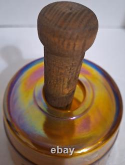 Antique Carnival Glass Butter Mold Press Wood Handle Iridescent Amber Cow Stamp