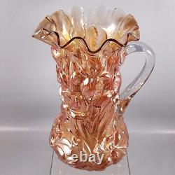 Antique DUGAN Iridescent CARNIVAL Marigold HEAVY IRIS Ruffled Glass PITCHER