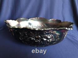 Antique Dugan Carnival Glass Banana Boat Wreathed Cherry in Black Amethyst