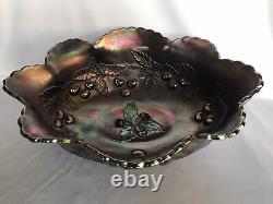 Antique Dugan Carnival Glass Banana Boat Wreathed Cherry in Black Amethyst