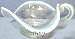 Antique Dugan White Opalescent Glass Nappy Bowl with Handle Holly & Berry