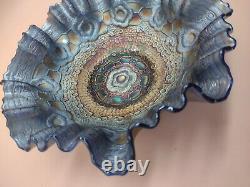 Antique FENTON 8 Blue Carnival Iridescent Embroidered mums Candy Ruffle Bowl