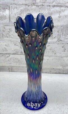 Antique Fenton April Showers Cobalt Blue Carnival Glass Swung Vase 11.5