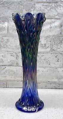 Antique Fenton April Showers Cobalt Blue Carnival Glass Swung Vase 11.5