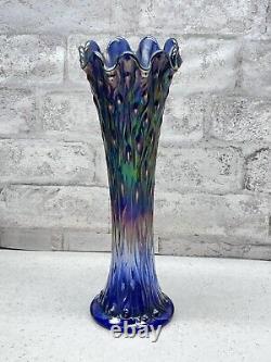 Antique Fenton April Showers Cobalt Blue Carnival Glass Swung Vase 11.5