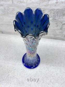 Antique Fenton April Showers Cobalt Blue Carnival Glass Swung Vase 11.5