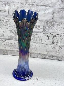 Antique Fenton April Showers Cobalt Blue Carnival Glass Swung Vase 11.5