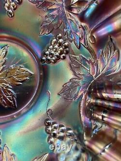 Antique Fenton Carnival Amethyst Glass Grape/Vine Iridescent Crimped Edge Bowl