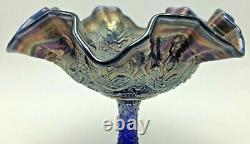 Antique Fenton Carnival Glass Persian Medallion Large Compote Blue Iridescent