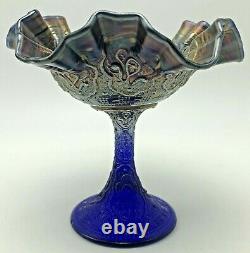 Antique Fenton Carnival Glass Persian Medallion Large Compote Blue Iridescent