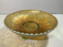 Antique Fenton Dragon and Lotus 8 Lime Green Opalescent Carnival Glass Bowl ICS