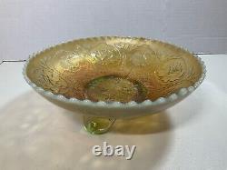 Antique Fenton Dragon and Lotus 8 Lime Green Opalescent Carnival Glass Bowl ICS
