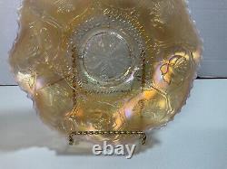 Antique Fenton Dragon and Lotus Peach Opalescent Carnival Glass Ruffled Bowl 8