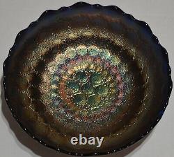 Antique Fenton Feather Stitch Blue ICS Carnival Glass Bowl