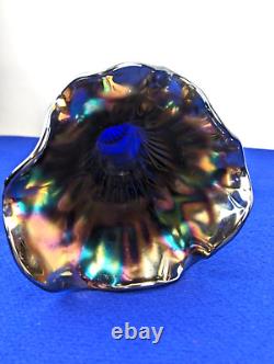 Antique Fenton Iridescent Carnival Glass 14 Swung Vase Cobalt Nine Sixteen