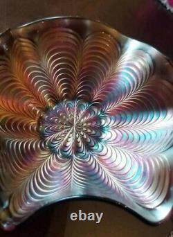 Antique Fenton Iridescent Carnival Glass Ruffle Edged Bowl Peacock Tail Pattern