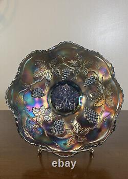 Antique Fenton Iridescent Cobalt Blue Carnival Glass Grapes Leaves Ruffled Bowl