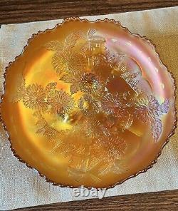 Antique Fenton Marigold Chrysanthemum and Windmills Carnival Glass Footed Bowl