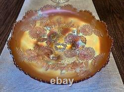 Antique Fenton Marigold Chrysanthemum and Windmills Carnival Glass Footed Bowl