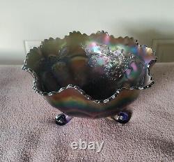 Antique Fenton Stag & Holly Blue Carnival Glass 3-Ball Footed Bowl c. 1912