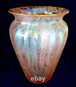 Antique Fostoria Peach Iridescent Palm Leaf Etched Carnival Art Glass Vase