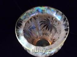 Antique Fostoria Peach Iridescent Palm Leaf Etched Carnival Art Glass Vase