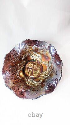 Antique Green Millersburg Whirling Leaves Carnival Glass Purple Bowl. Excellent