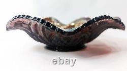 Antique Green Millersburg Whirling Leaves Carnival Glass Purple Bowl. Excellent