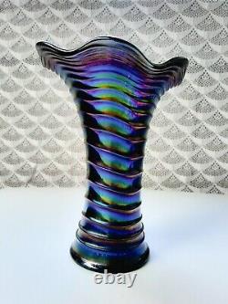 Antique Imperial Amethyst Purple Ripple Vase Vibrant Iridescent Carnival Glass