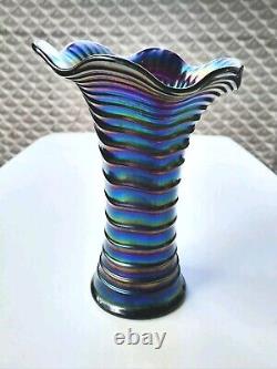 Antique Imperial Amethyst Purple Ripple Vase Vibrant Iridescent Carnival Glass