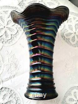 Antique Imperial Amethyst Purple Ripple Vase Vibrant Iridescent Carnival Glass