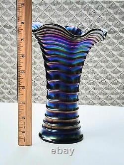 Antique Imperial Amethyst Purple Ripple Vase Vibrant Iridescent Carnival Glass