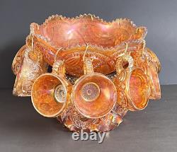 Antique Imperial Carnival Glass Marigold 12Pc Punch Bowl Hobster&Arches Pattern