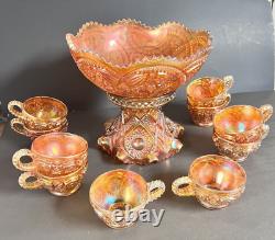 Antique Imperial Carnival Glass Marigold 12Pc Punch Bowl Hobster&Arches Pattern