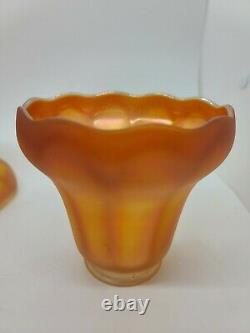 Antique Lot 3 NUART Iridescent Marigold Carnival Glass Pendant Tulip Lamp Shades
