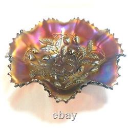 Antique Northwood Amethist Strawberry Vines Scalloped Edge Carnival Glass Bowl